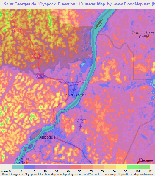 Saint-Georges-de-l'Oyapock,French Guiana Elevation Map