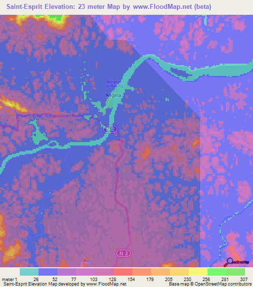 Saint-Esprit,French Guiana Elevation Map