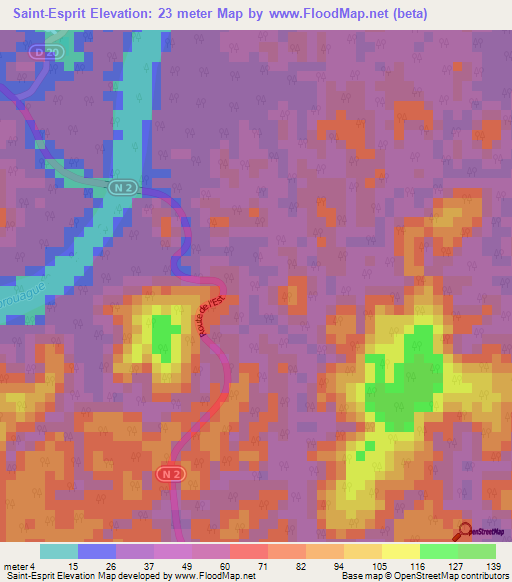Saint-Esprit,French Guiana Elevation Map