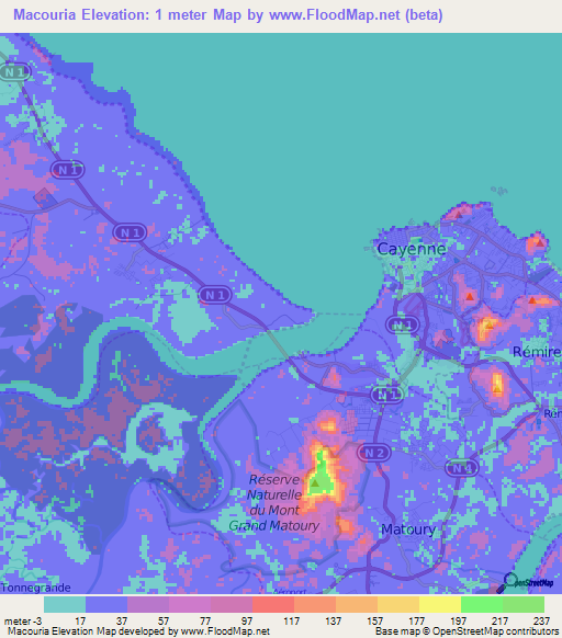 Macouria,French Guiana Elevation Map