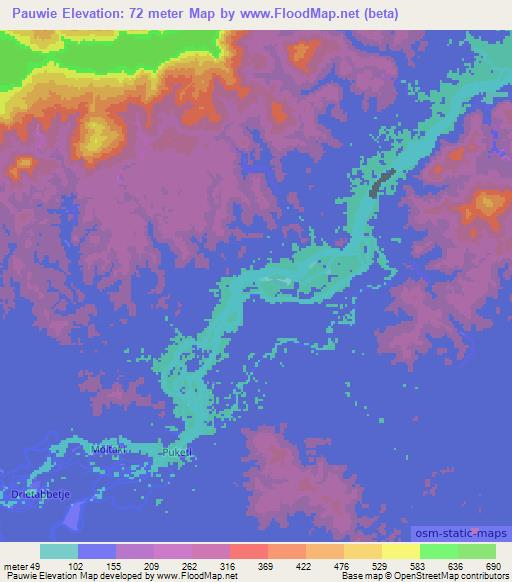 Pauwie,Suriname Elevation Map