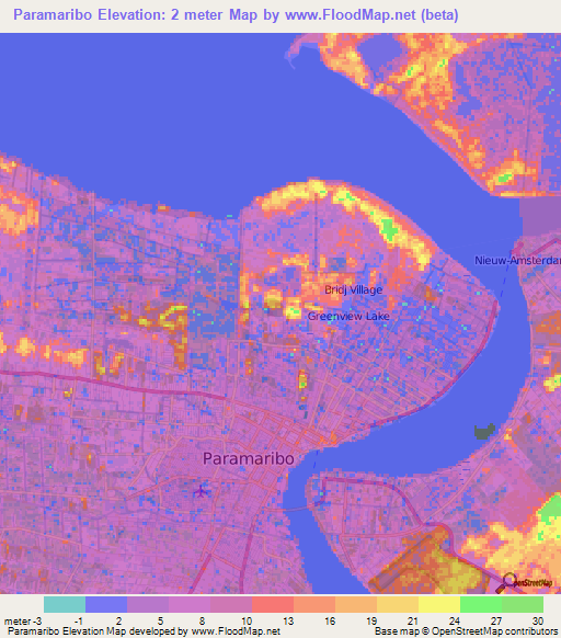 Paramaribo,Suriname Elevation Map