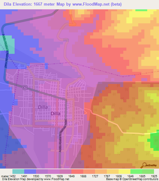 Dila,Ethiopia Elevation Map