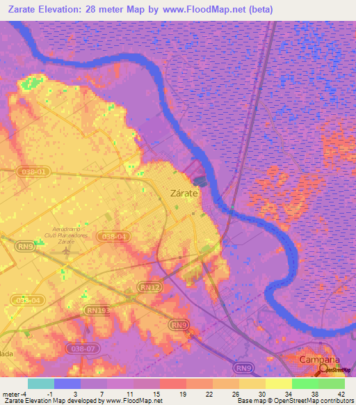 Zarate,Argentina Elevation Map