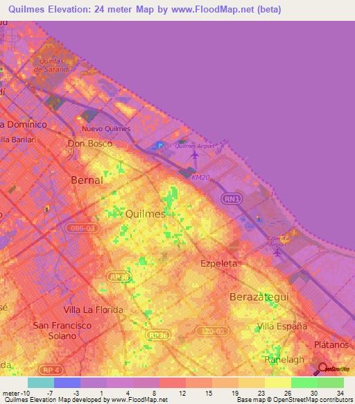 Quilmes,Argentina Elevation Map