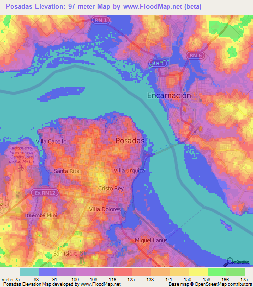 Posadas,Argentina Elevation Map
