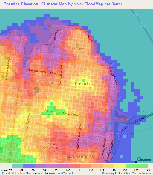Posadas,Argentina Elevation Map