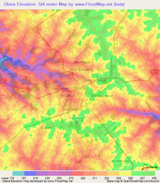 Obera,Argentina Elevation Map