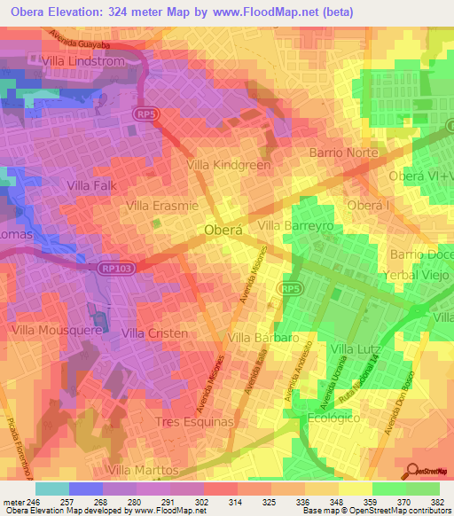 Obera,Argentina Elevation Map