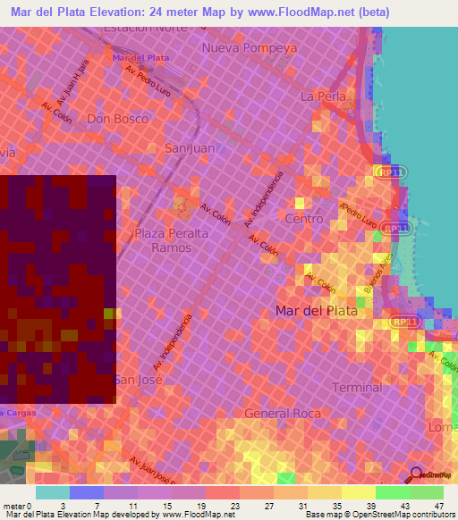 Mar del Plata,Argentina Elevation Map