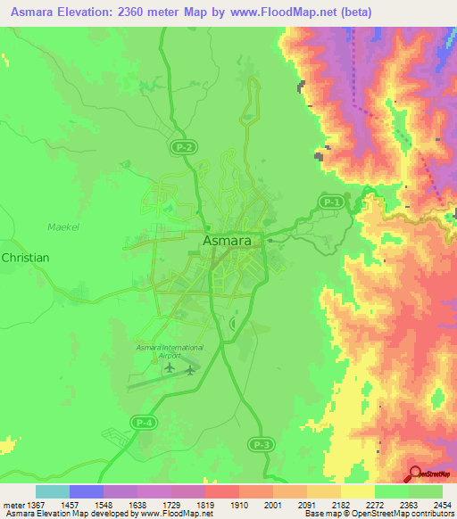 Asmara,Eritrea Elevation Map