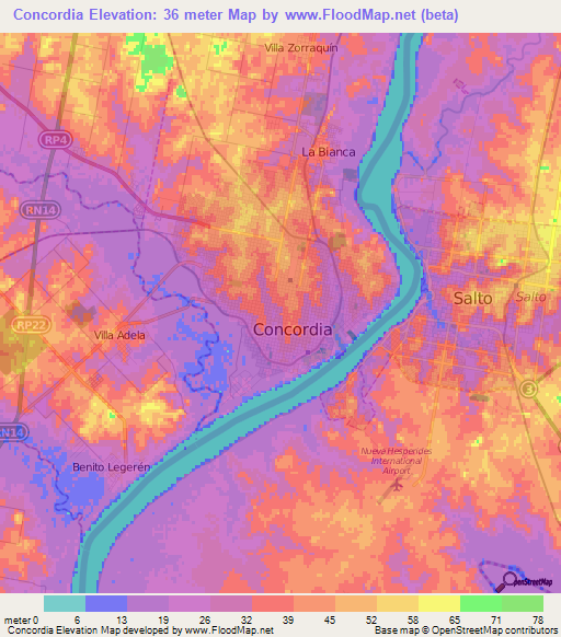 Concordia,Argentina Elevation Map
