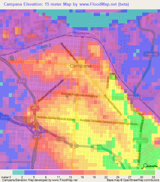 Campana,Argentina Elevation Map
