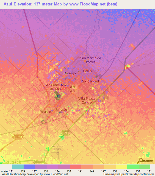 Azul,Argentina Elevation Map