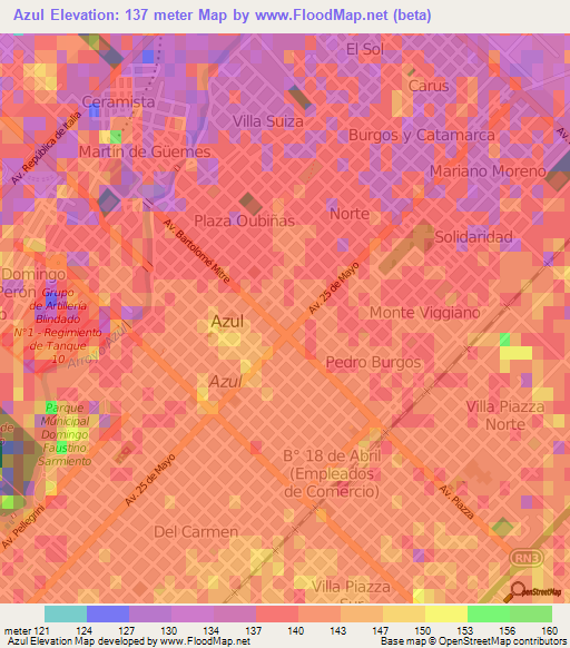 Azul,Argentina Elevation Map
