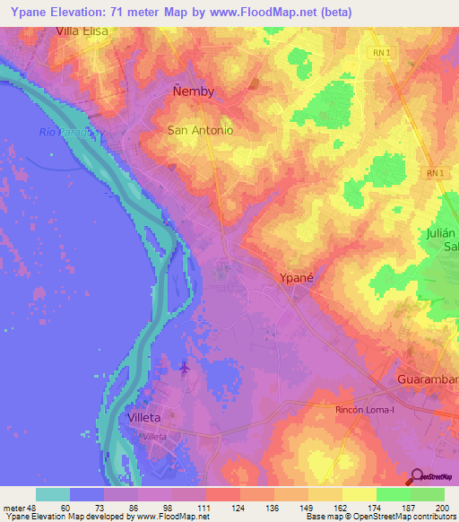 Ypane,Paraguay Elevation Map