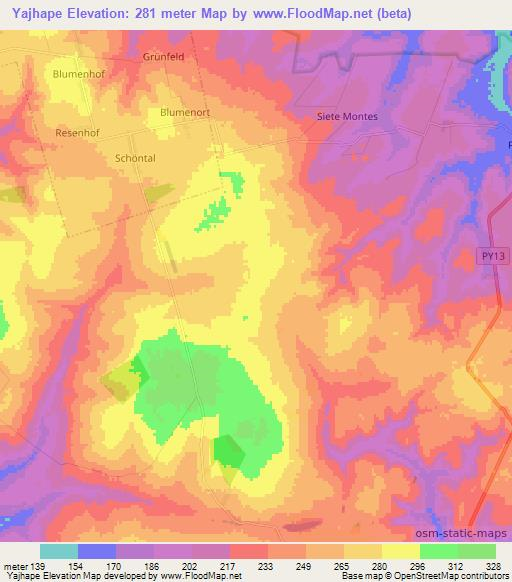 Yajhape,Paraguay Elevation Map