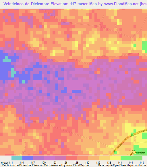 Veinticinco de Diciembre,Paraguay Elevation Map