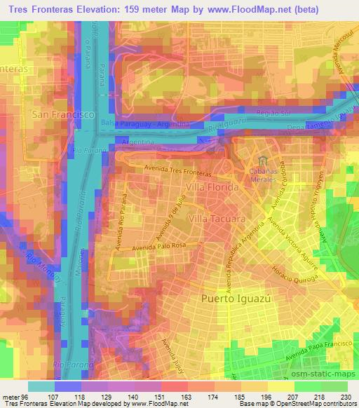 Tres Fronteras,Paraguay Elevation Map
