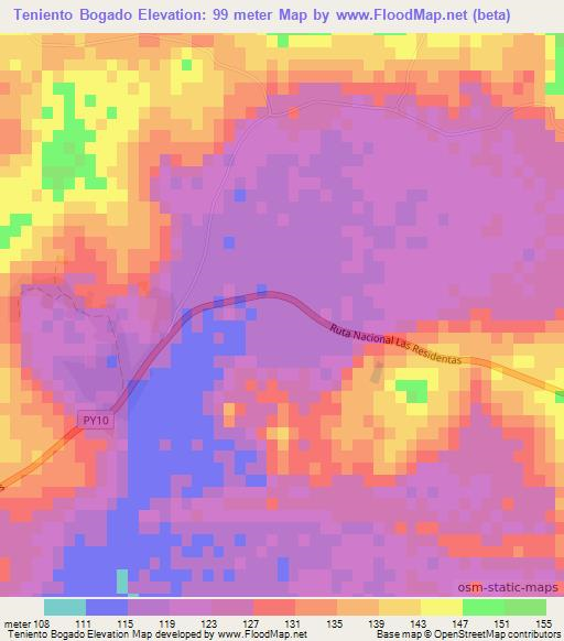 Teniento Bogado,Paraguay Elevation Map