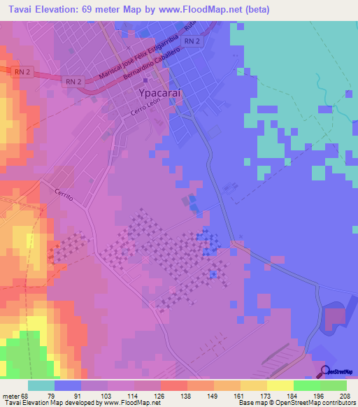 Tavai,Paraguay Elevation Map