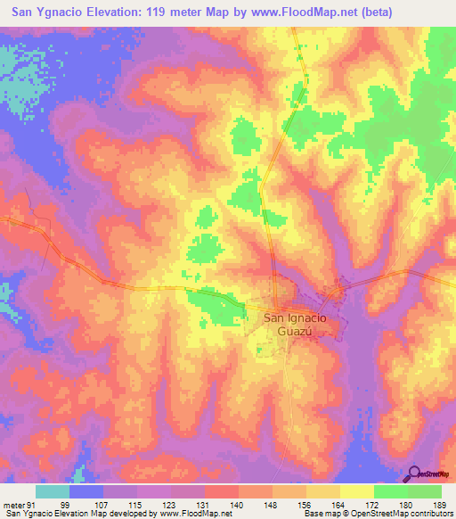 San Ygnacio,Paraguay Elevation Map