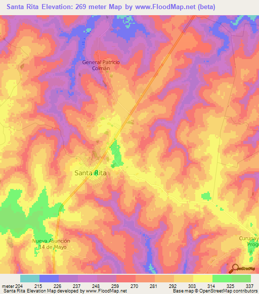 Santa Rita,Paraguay Elevation Map
