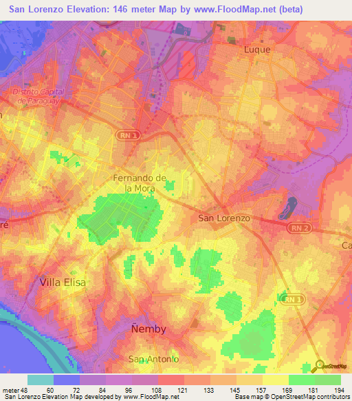 San Lorenzo,Paraguay Elevation Map