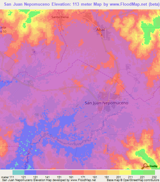 San Juan Nepomuceno,Paraguay Elevation Map
