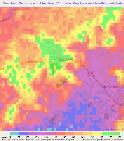 San Juan Nepomuceno,Paraguay Elevation Map