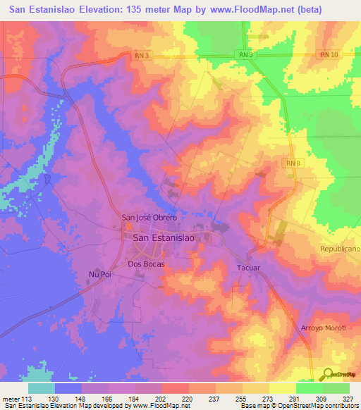 San Estanislao,Paraguay Elevation Map