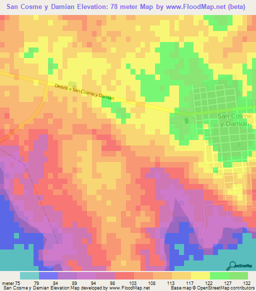 San Cosme y Damian,Paraguay Elevation Map
