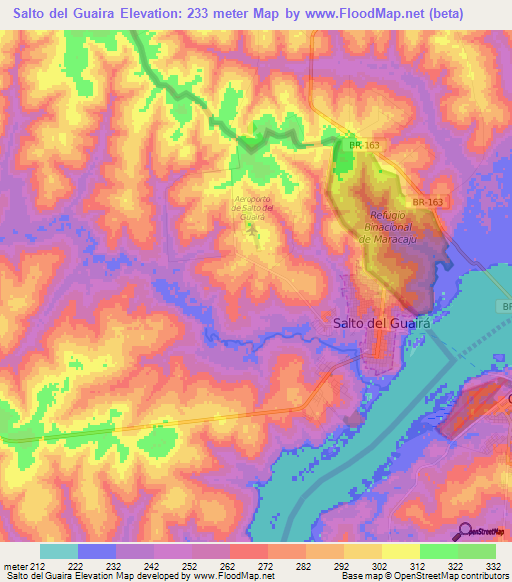 Salto del Guaira,Paraguay Elevation Map