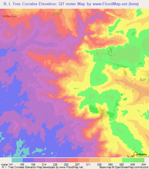 R. I. Tres Corrales,Paraguay Elevation Map