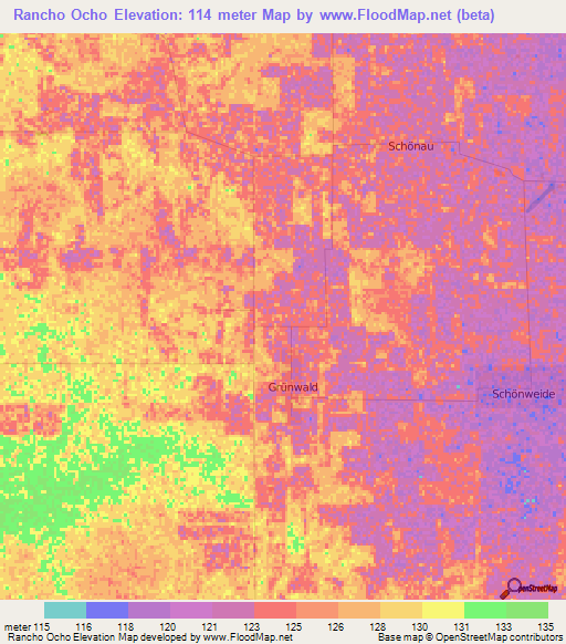 Rancho Ocho,Paraguay Elevation Map