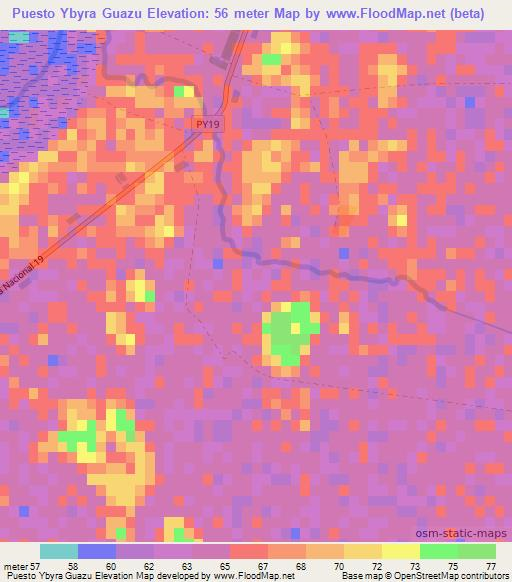 Puesto Ybyra Guazu,Paraguay Elevation Map
