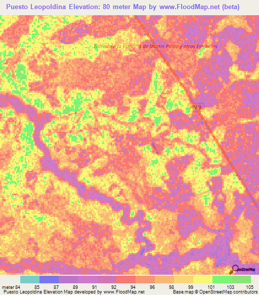 Puesto Leopoldina,Paraguay Elevation Map
