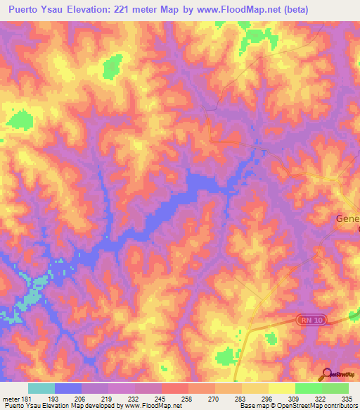 Puerto Ysau,Paraguay Elevation Map