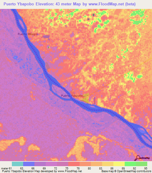 Puerto Ybapobo,Paraguay Elevation Map