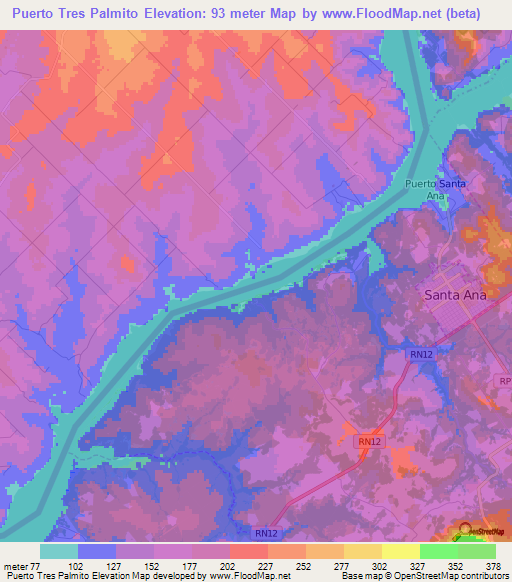 Puerto Tres Palmito,Paraguay Elevation Map