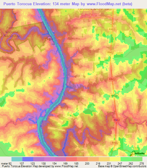 Puerto Torocua,Paraguay Elevation Map