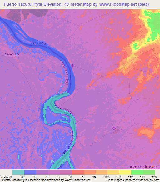 Puerto Tacuru Pyta,Paraguay Elevation Map