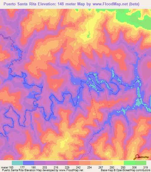 Puerto Santa Rita,Paraguay Elevation Map