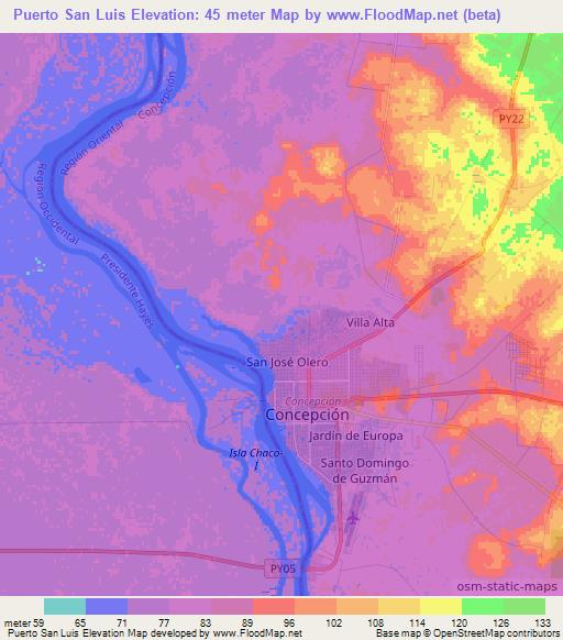Puerto San Luis,Paraguay Elevation Map