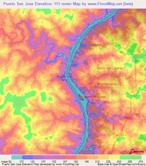 Puerto San Jose,Paraguay Elevation Map