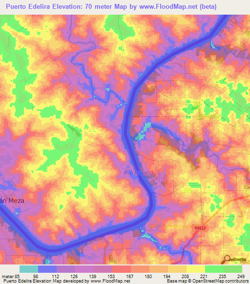 Puerto Edelira,Paraguay Elevation Map