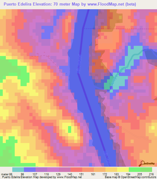 Puerto Edelira,Paraguay Elevation Map