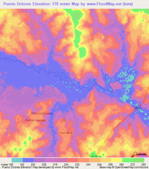 Puerto Dolores,Paraguay Elevation Map