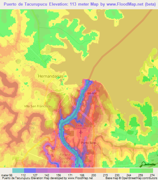 Puerto de Tacurupucu,Paraguay Elevation Map