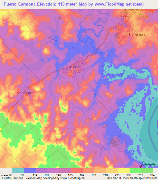 Puerto Carmona,Paraguay Elevation Map